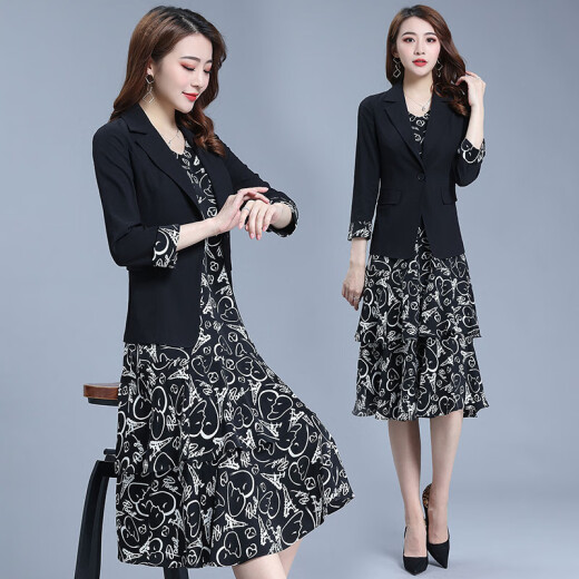Suit suit skirt for women spring and summer 2021 new style slim fashion mid-length floral dress black XL