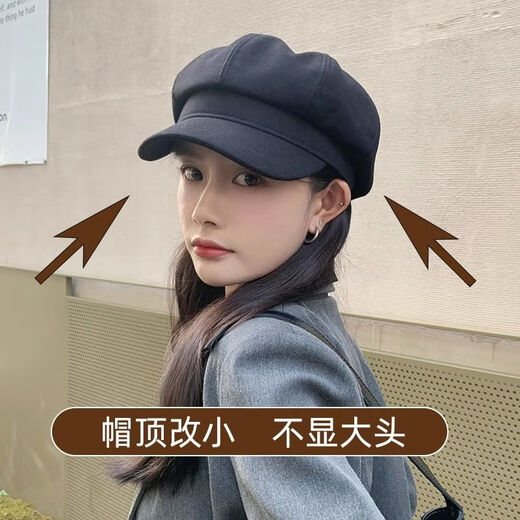 Spring Night Snow Small Head Circumference Retro Hat Women's Autumn and Winter Internet Celebrity Style British Woolen Woolen Octagonal Hat Versatile Black