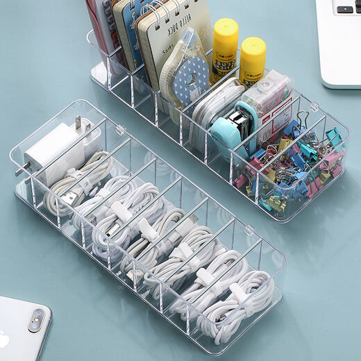Canshu Data cable storage artifact Mobile phone charging cable charger partition sorting desktop transparent storage box winder Transparent 8 grid without cover