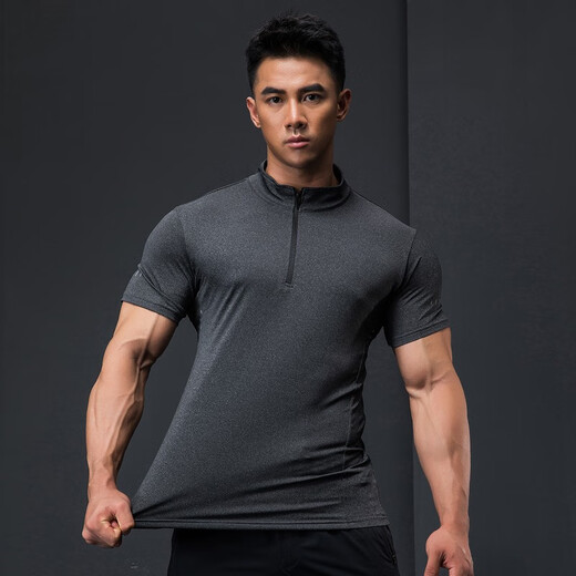 Lutie Dog Fitness Wear Short Sleeve Men's Stand Collar POLO Slim Fit Muscle Showing Quick Drying Breathable High Elastic Coaching Wear T-Shirt Black L