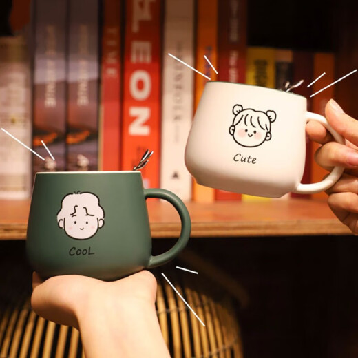 Mu Ding Ding Couple Mug Single Ceramic Coffee Milk Water Cup with Spoon Tea Capacity High-Looking Water Cup Women's White Inside and Green Outside - Green Boy with Spoon 1 piece 350ml