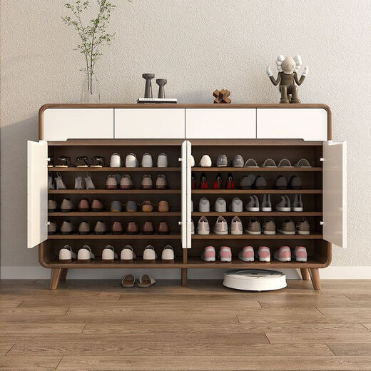 JUZHU's new style new Chinese-style solid wood shoe cabinet simple household door entrance entrance entrance entrance entrance storage cabinet storage cabinet door against the wall storage walnut color 106cm long delivery