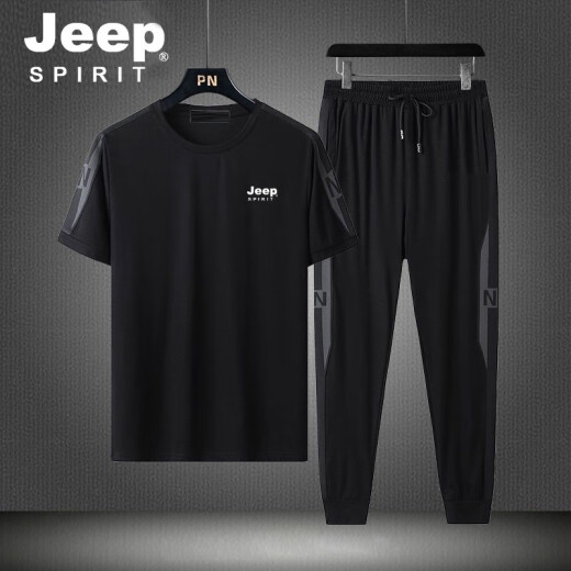 JEEP short-sleeved T-shirt men's two-piece sports suit 2020 spring and summer new round neck Korean style trendy brand loose fashion t-shirt men's top clothes T-shirt bottoming shirt black RYDTZ43XL