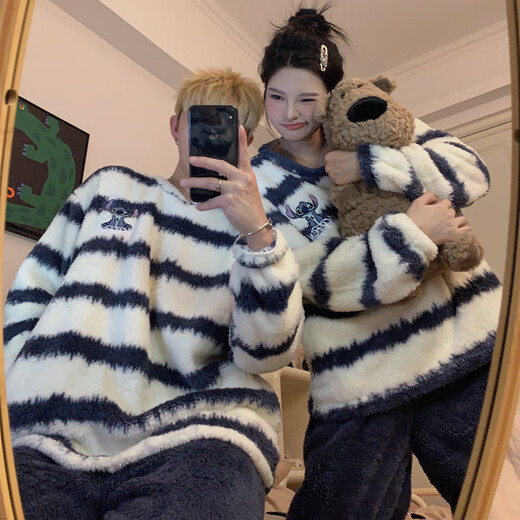 Mengdong Korean Stitch Cartoon Couple Pajamas for Men and Women Autumn and Winter Plus Velvet Thickened Striped Plush Home Clothes Two-piece Set TM#8920 Striped Stitch 2XL Men's Style (145-170 Jin Jin is equal to 0.5 kg)