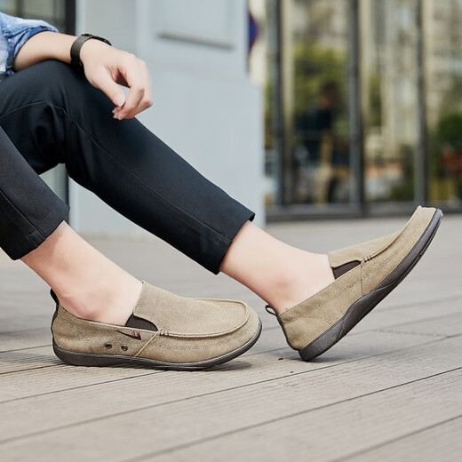 Huili pedal lazy shoes classic men's shoes lightweight breathable footwear driving shoes solid color middle-aged and elderly casual canvas shoes 912 khaki 42