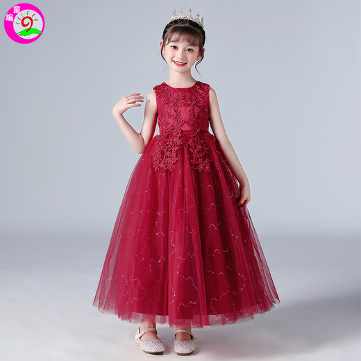 Children's knitted girl princess dress flower girl dress dress wedding dress children's dress tutu skirt children's program performance dress long wine red 160