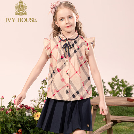 IVY HOUSE Ivy children's wear girls' printed shirt summer new British college style small flying sleeves retro plaid shirt khaki 100cm (110/52)