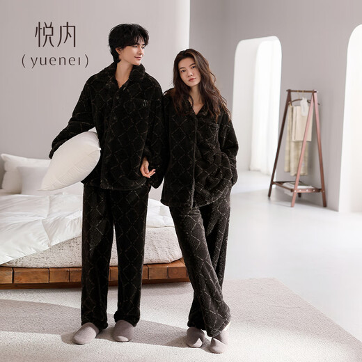Yuenei Couple Pajamas Women's Autumn and Winter Coral Fleece Thickened Flannel Home Clothes Men's Black Suit 34109 Black Brown Men's 2XL (Male 160-180 Jin Jin equals 0.5 kg / Female 140-160 Jin Jin equals 0.5 kg)