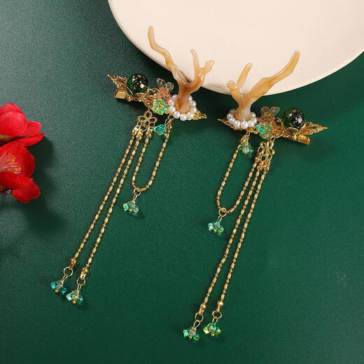 Le Meow Meet the Divine Deer Set Yaoyao Princess Hanfu Accessories Hairpin Deer Antler Clip Bracelet Ancient Style Hair Accessories Collar Headdress Yao Green Clip Pair