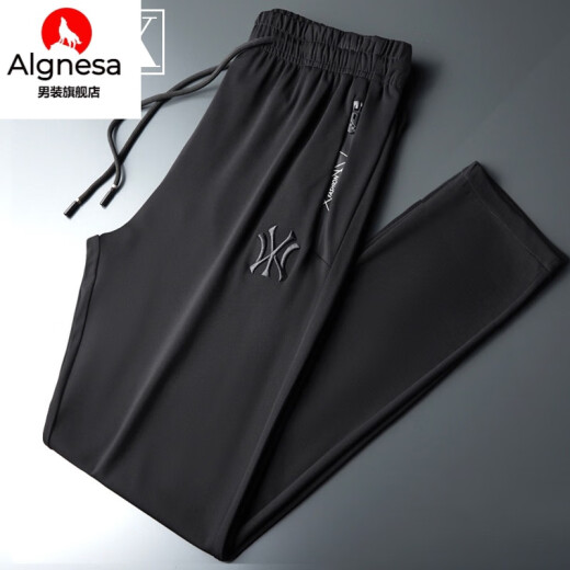 AIGNESA潮牌休闲裤男士夏季薄款2024新款宽松直筒大码运动裤子男款春秋季 黑色夏季薄款PASF9719-1平脚 L
