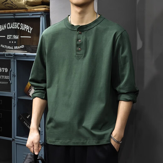 Gu Xiansen Autumn American Retro Henley Collar Men's Long Sleeve T-Shirt Trendy Brand Heavy Cotton T-shirt Loose Casual Bottoming Shirt Black L 120-140Jin Jin is equal to 0.5 kg
