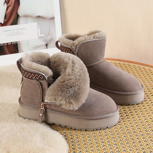 Belle's wool snow boots women's fur integrated 2024 new thick-soled side zipper short boots plus velvet thickened anti-slip cotton shoes gray 37