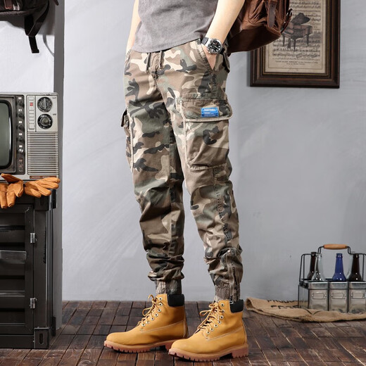 Berühmte Sommer-Tarnung Overalls für Männer losen Krawatten Casual Hosen für Männer Stretch Sport Multi-Tocket Harem Hosen Kamel 28 [90-110jin [Jin gleich 0,5 kg]]]