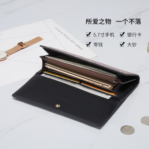 Cnoles cowhide wallet women's long multi-functional clutch retro oil wax leather large capacity coin purse women's gift box card bag birthday gift for wife black