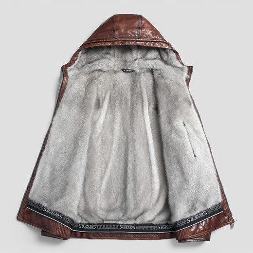 Hengyuanxiang Ziegenlederfell einteilige Männer mit echter Lederjacke für Herren silberne Ball grau Nerz Innerer Deckel Marten einteiliger kurzer Reißverschluss mit Kapuze Winter Brown L.