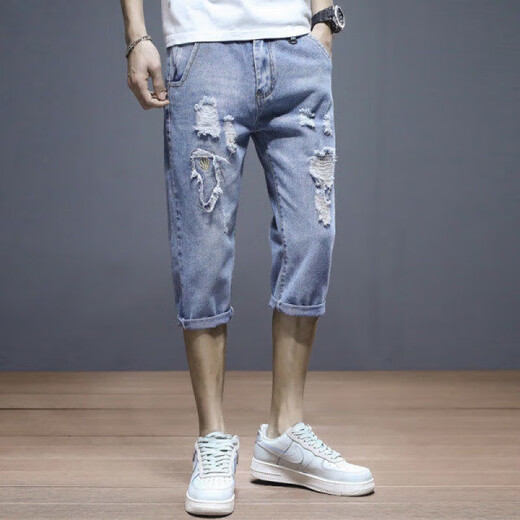 Beggie Chess summer thin jeans men's cropped pants student pants 7-point pants ripped shorts men's Korean style slim fit trend 687 black [main picture] cropped pants size 36 [2 feet 8]