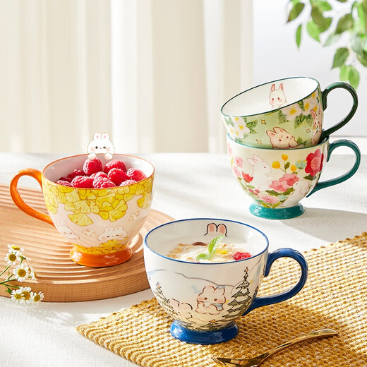 NetEase Selected Pastoral Hand-painted Series Oatmeal Cup Mug Breakfast Bowl Ceramic Water Cup Tea Cup Coffee Oatmeal Summer Flower Rabbit-400ml
