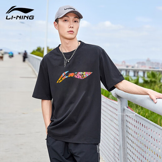 李宁（LI-NING） T恤短袖男女纯棉新款夏季情侣装黑半袖女生宽松上衣文化衫休闲T 693白色 S/165