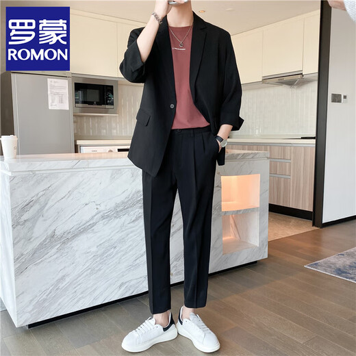 ROMON Light and mature autumn and winter thin three-quarter sleeve casual suit suit for men, high-end and handsome small suit drape jacket, green TZ15 three-quarter sleeve two-piece set M