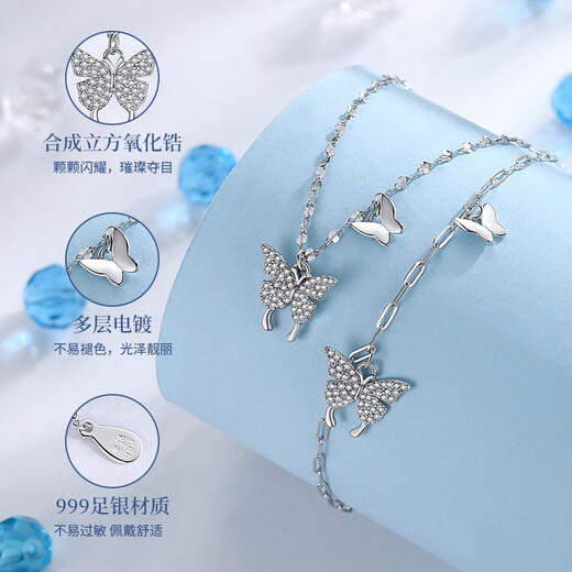 Crystal 999 solid silver butterfly necklace for women, high-end pendant, girlfriend jewelry, light luxury niche birthday gift for girlfriend