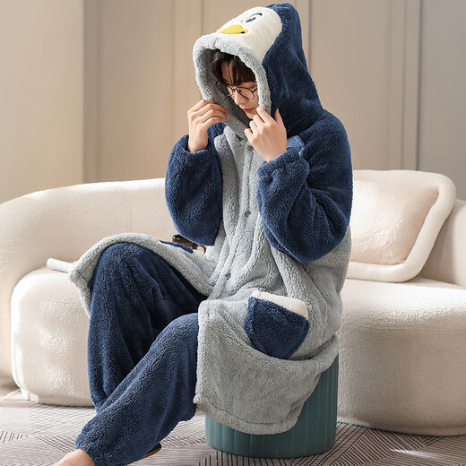 Antarctic Cartoon Hooded Pajamas Men's Pajamas Men's Winter Flannel Plus Velvet Thickened Home Clothes XL