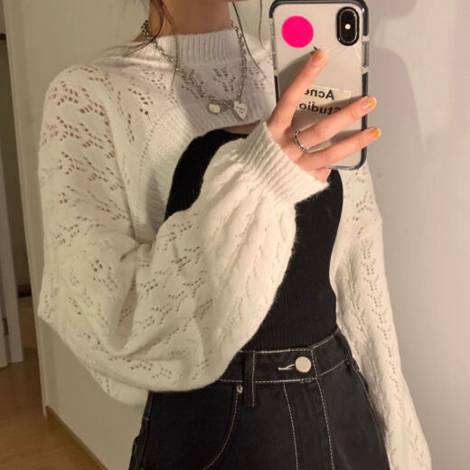 Qiao Meini autumn 2020 new design irregular knitted sweater thin top women's Korean style short hollow blouse jacket white woolen blouse single one size