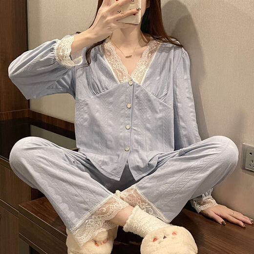 Feifei yinman hong kong léger luxe ffym cardigan pyjamas féminin coton d'automne pure coton insx sex sexy lace à manches longues v couche internet short show 3 3882 # jacquard blue m recommandé 80-105 Jin [Jin est égal à 0,5 kg]