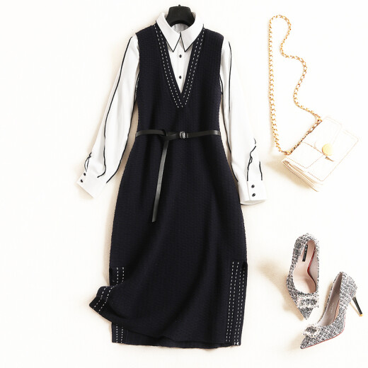 LVENZSE knitted dress women's autumn and winter new waist slimming chiffon suit vest dress two-piece suit skirt white + navy blue L