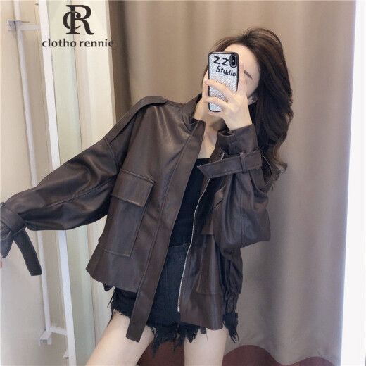 c1othoRennie 2020 Autumn and Winter New Leather Jacket Women's French Fashion Casual Loose Motorcycle Jacket Versatile Top Short Jacket Women Picture Color S