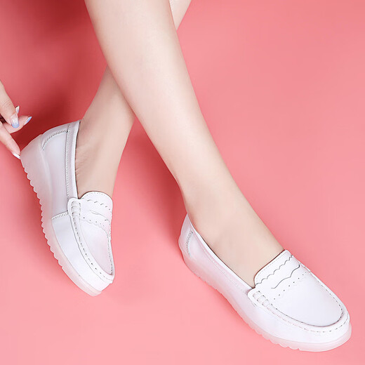 Dockadometham, genuine leather nurse shoes for women, new soft sole, flat sole, autumn and winter, anti-slip, anti-odor, and not tired, pregnant women single shoes, mother white women's shoes, beauty salon shoes, women's work shoes 829 white (hollow) 36