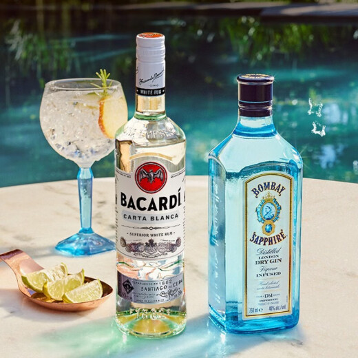 百加得洋酒组合 白朗姆酒750ml+孟买蓝宝石金酒750ml  莫吉托Mojito 白朗姆+孟买金酒 750mL 2瓶