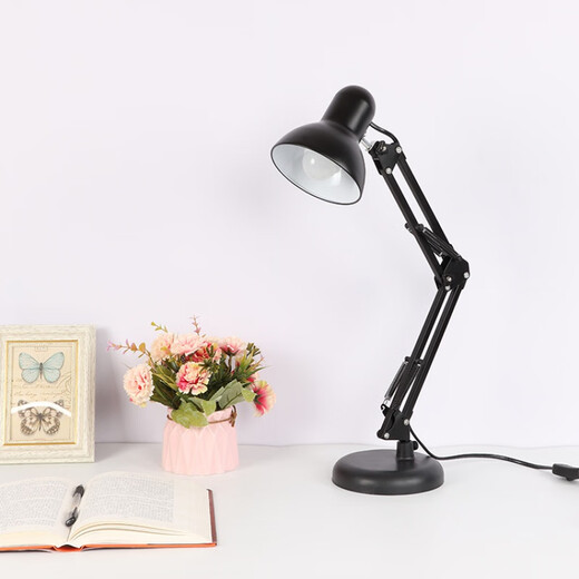 American metal folding table lamp, college students' work and study dormitory bedside wrought iron table lamp, replaceable light bulb, black, clip style, button switch