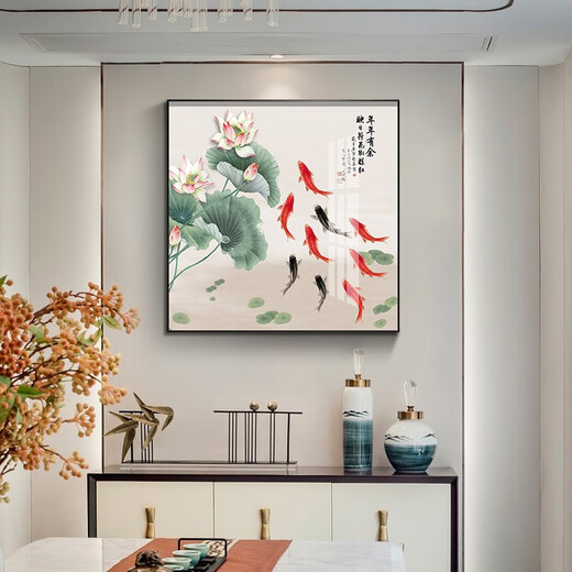 Xiaolulin Chinese style Jiuyu drawing decoration painting restaurant painting study office tea room hanging painting entrance entrance cabinet living room mural 15911 surplus year after year fabric painting 40*40 black frame (gold frame requires note