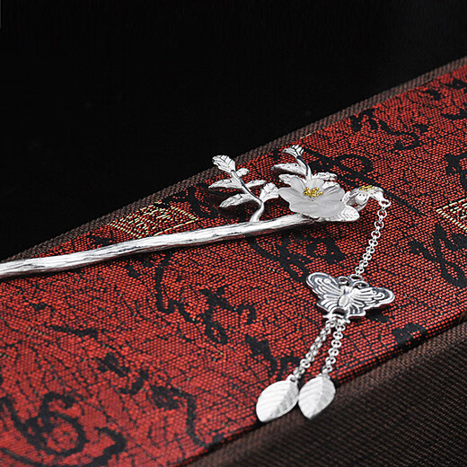 Fu and Fu S925 silver tassel hair accessories, palace style hand-carved white crystal cherry blossom hairpin, simple silver hairpin, white, 925 silver