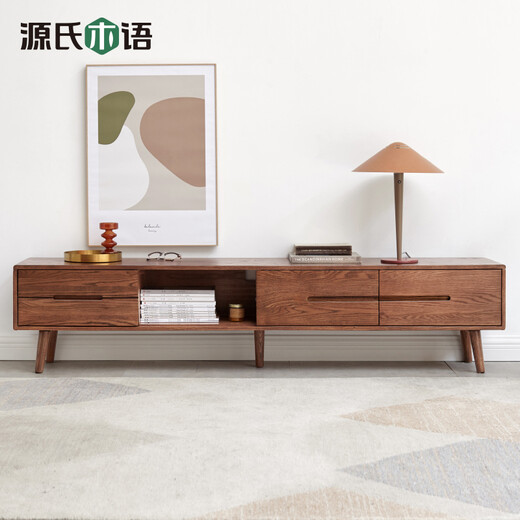 Genji Muyu solid wood sliding door TV cabinet modern simple oak low cabinet Nordic style floor cabinet small apartment living room storage storage cabinet walnut color TV cabinet 2200*320*400 Assembly