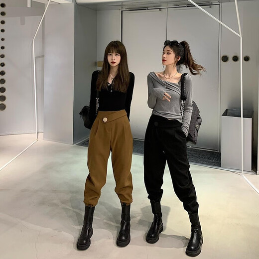 韦戒搭配马丁靴裤子呢工装女秋冬新款宽松显瘦学生百休闲加厚束脚哈伦 9885毛呢黑色（加绒） S