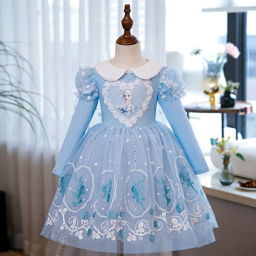G.duck Elsa Princess Dress Girls Spring and Autumn Frozen Puff Dress Autumn and Winter Children's Elsa Dress Dress Skirt Long Sleeve Blue (with Veil) + Eight-piece Set 120 Suitable for heights around 110cm