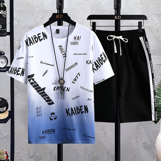 Woodpecker T-shirt à manches courtes garçons et adolescents Summer Summer High School Students Handsome Men's Big Children's Suit T-shirt Summer 683 Bleu (manches courtes + shorts) xl (120-140Jin [Jin est égal à environ 0,5 kg]))