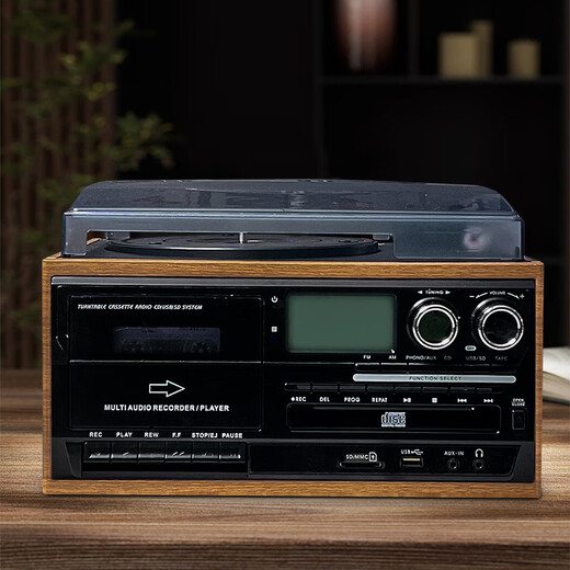 Heritage family tape player, vinyl CD all-in-one multi-functional antique tape player, vinyl record player, retro gramophone, Bluetooth audio, home living room ornaments, vinyl tape all-in-one player, oak color (black panel)