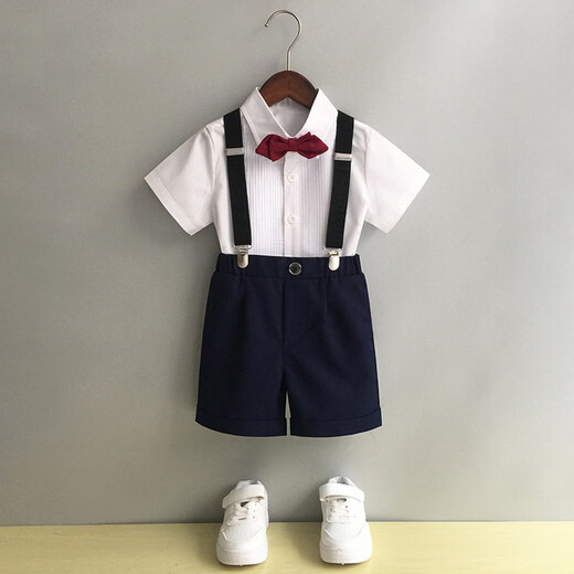 
GOKU boys' dress suit kindergarten performance suit overalls summer host children's suit graduation suit flower girl black pants + shirt + strap + bow tie 130 recommended weight 43-50 Jin [Jin equals 0.5 kg]