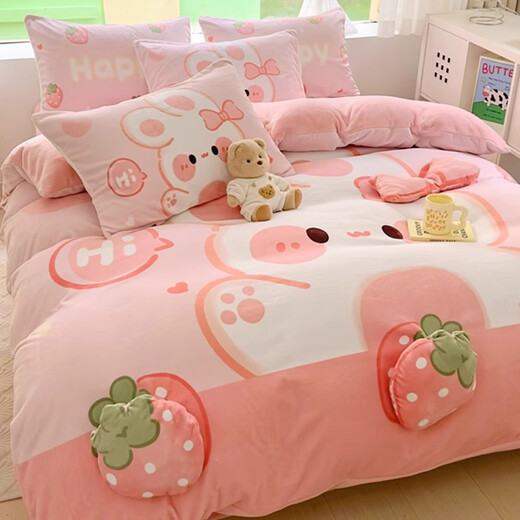 Ximanlian cute milk velvet bed four-piece set winter flange coral velvet cartoon bedding double-sided velvet quilt cover plus velvet sheets Miri Rabbit 1.5m sheet four-piece set suitable for 200*230 quilt core