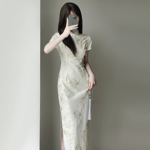 Jialong Mingxiu Cheongsam 2025 New Improved Summer Dress Temperament High-end Young Girl New Chinese Style Apricot M