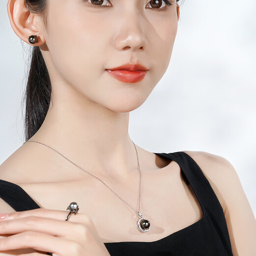 Tahitian black pearl pendant S925 silver high-gloss seawater pearl necklace neck gift for girlfriend and mother B grade/black pearl 9-10mm+925 silver chain