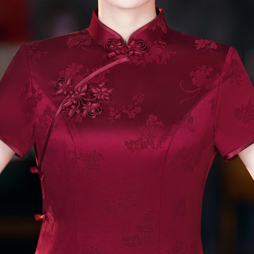 Gu Juanian's wedding mother's cheongsam dress new style acetate satin wedding cheongsam for mother-in-law's wedding banquet cheongsam high-end western style dress burgundy XL
