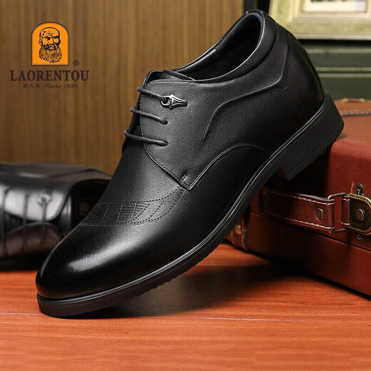 老人头（LAORENTOU）皮鞋男士头层牛皮鞋商务休闲正装鞋小码隐形内增高鞋 130362 黑40