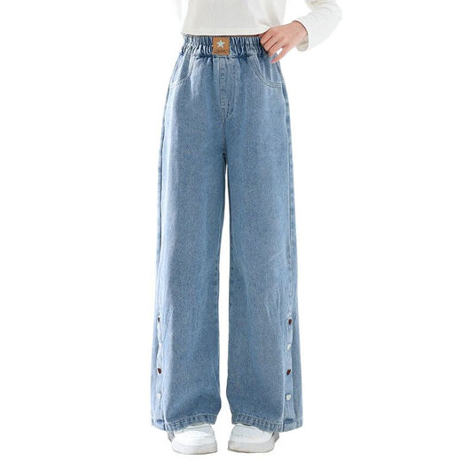 Ikano I.Karnow Girls Pantalones de pierna ancha Soft Denim Spring and Autumn Tennis Pantalones infantiles sueltos delgados de verano a mitad de larga duración 2025 Nuevo 13068 Azul [Estilo de primavera y otoño] 160