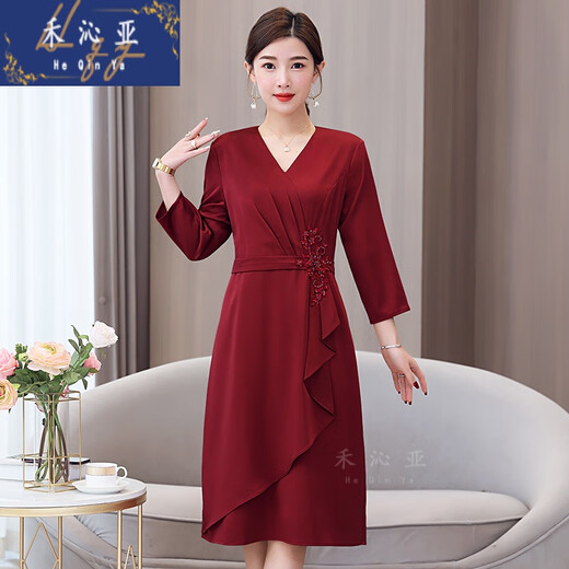 禾沁亚新娘妈妈礼服国庆结婚喜婆婆婚宴装连衣裙平时可穿小个子婚礼 红色 [6197款原版质量] L [建议110斤以下]