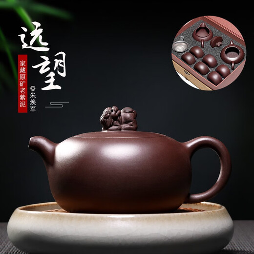 Yuhu Mingxiang Yixing purple clay teapot pure handmade raw mineral purple clay Yuanwang teapot tea set one pot six cups + fair cup + tea drain