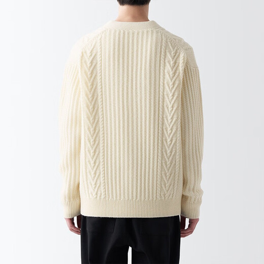 无印良品 MUJI 男式 美利奴羊毛 缆绳花纹 V领开衫 长袖针织衫 AA0PKA3A 原色 L (175/100A)