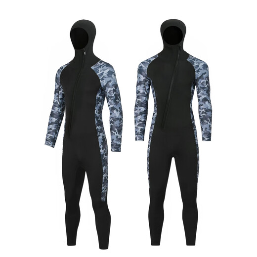 BLUE DIVEBLUEDIVE cross-border 3MM one-piece wetsuit for men to go to the sea, cold-proof wetsuit, warm swimsuit, 3mm camouflage gray hooded S S